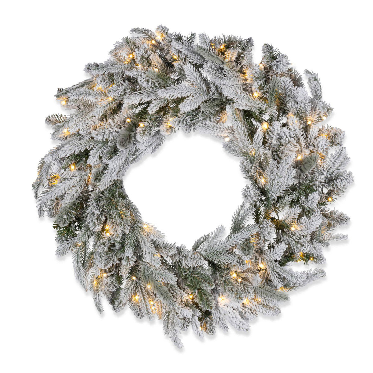 30 in Pre-Lit Natural Cut Flocked Spruce Wreath with 100 Warm White LED Lights