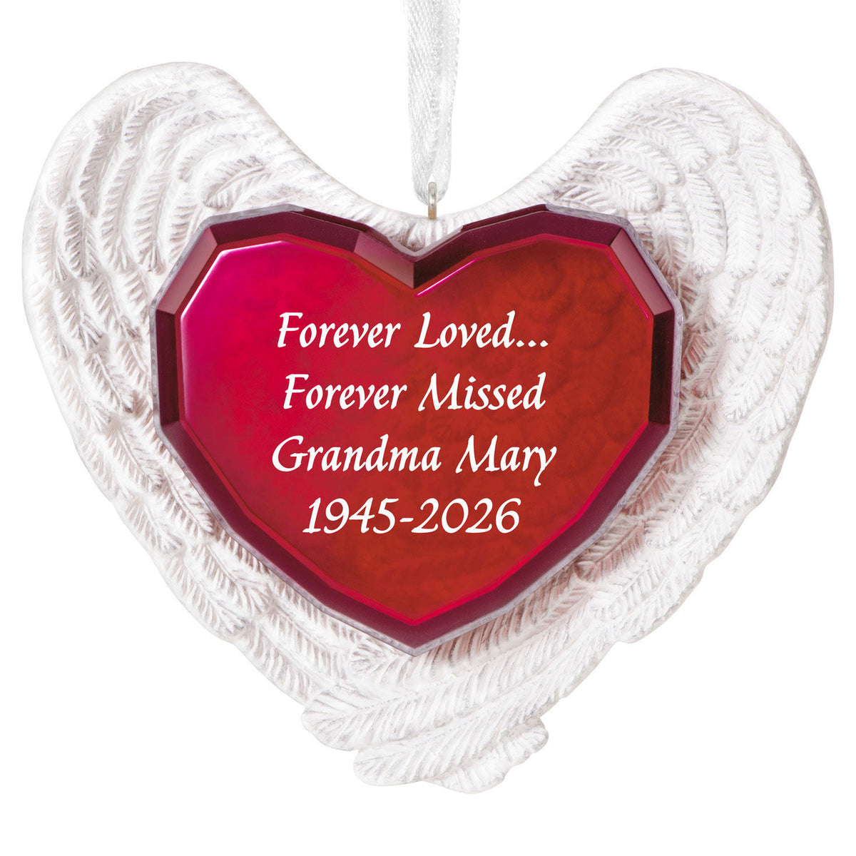 Forever Loved Memorial Heart and Angel Wings Personalized Ornament, Custom Text