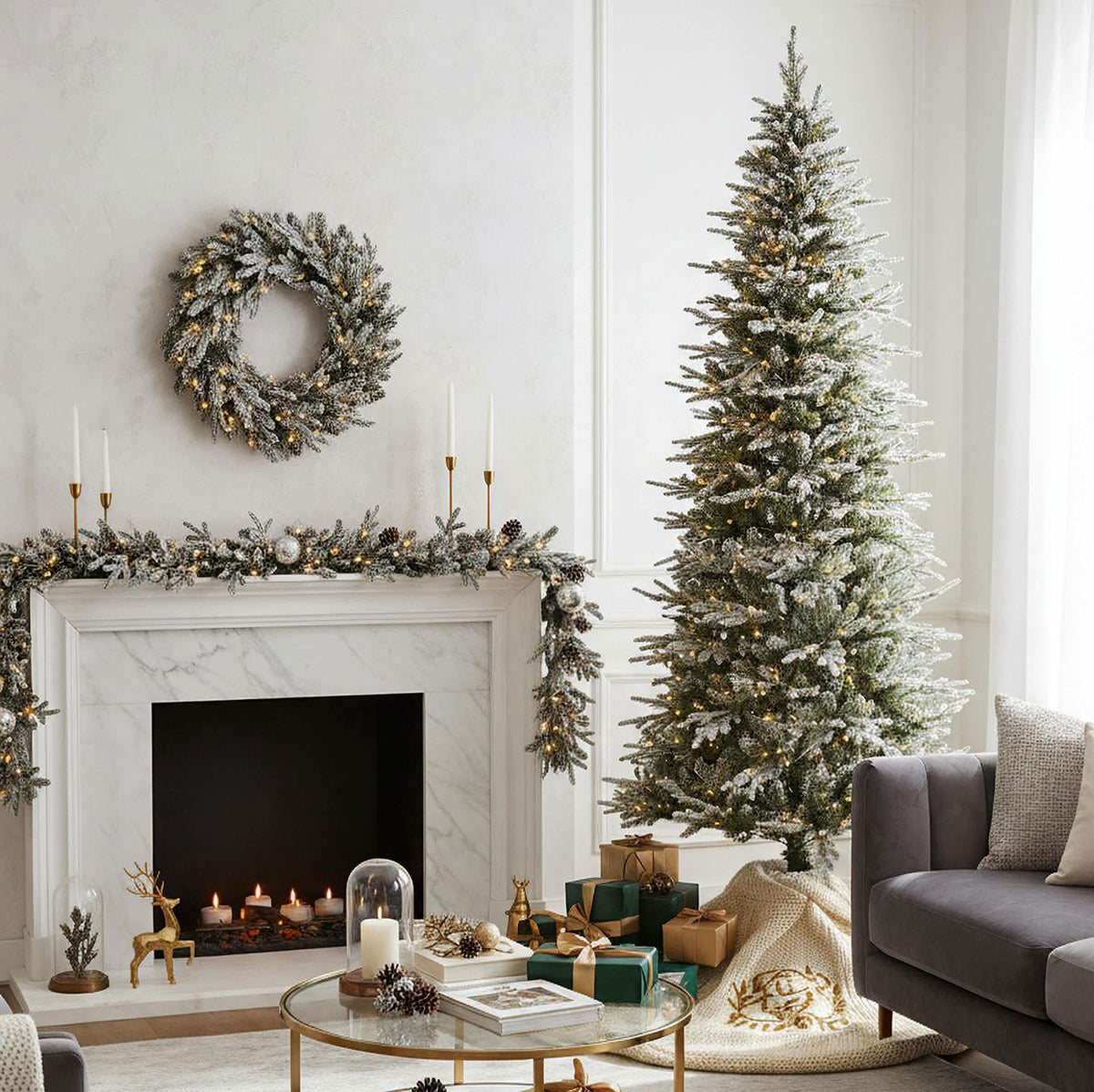 7.5 ft Pre-Lit Natural Cut Flocked Spruce Christmas Tree with 500 Warm White LED Lights and 2270 Tips