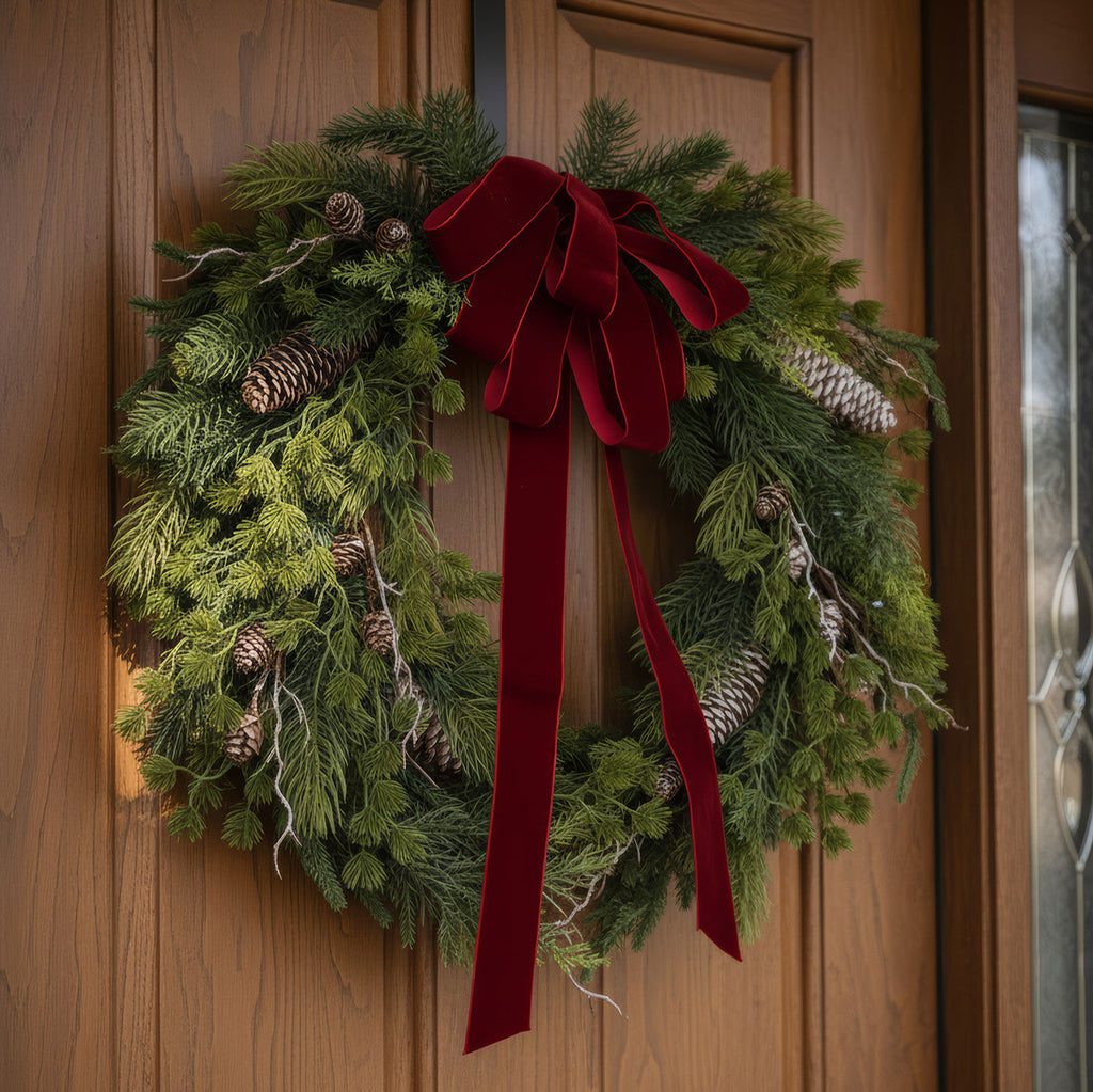 24 in Natural Pine Christmas Wreath with Red Velvet Bow