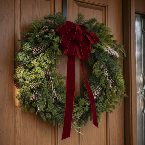 24 in Natural Pine Christmas Wreath with Red Velvet Bow
